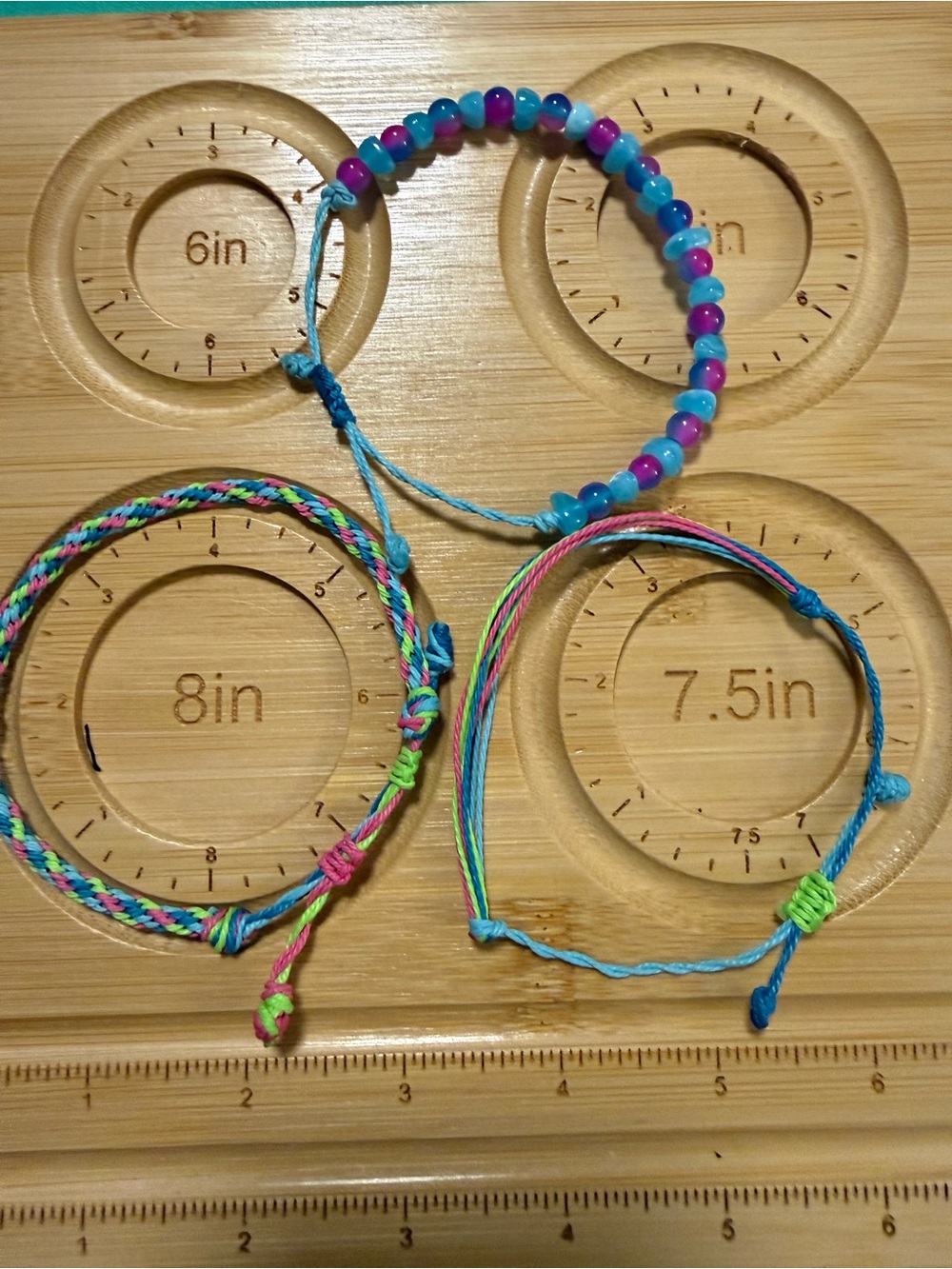 Adjustable Friendship Bracelets - Blue, Pink & Green Waxed Cord Beads Kumihimo